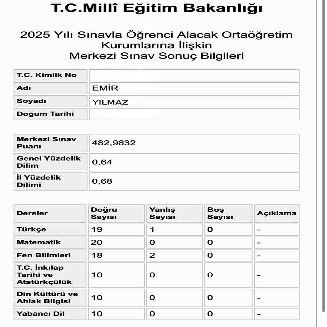 Ortaokul Yedinci Sınıf Matematik Özel Ders Emir Yılmaz LGS Sonuç Başarı Tablosu